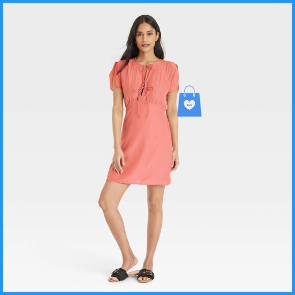 Small - Womens Tie-Front Flutter Short Sleeve Mini A-Line Dress - Pink - Picture 5 of 6